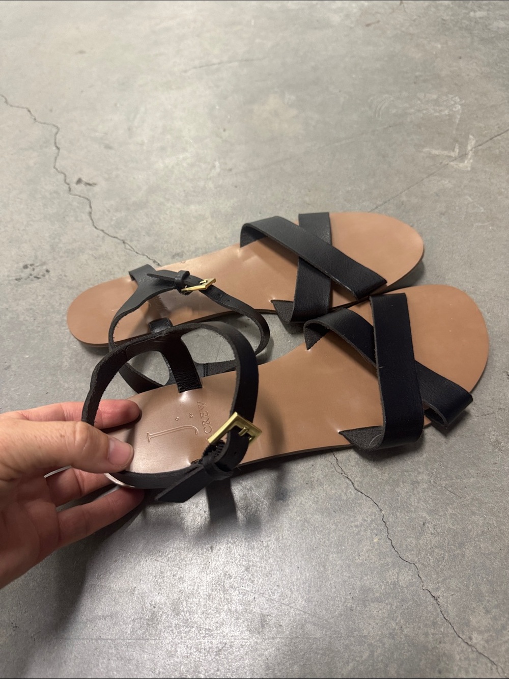 J. Crew Black Leather Criss-Cross Straps Ankle Buckle Open-Toe Sandals- Size 9